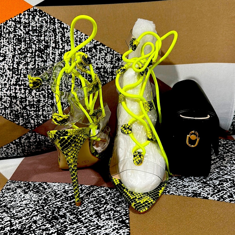 Snakeskin green neon strap lace up sandals w/small crossbody bag